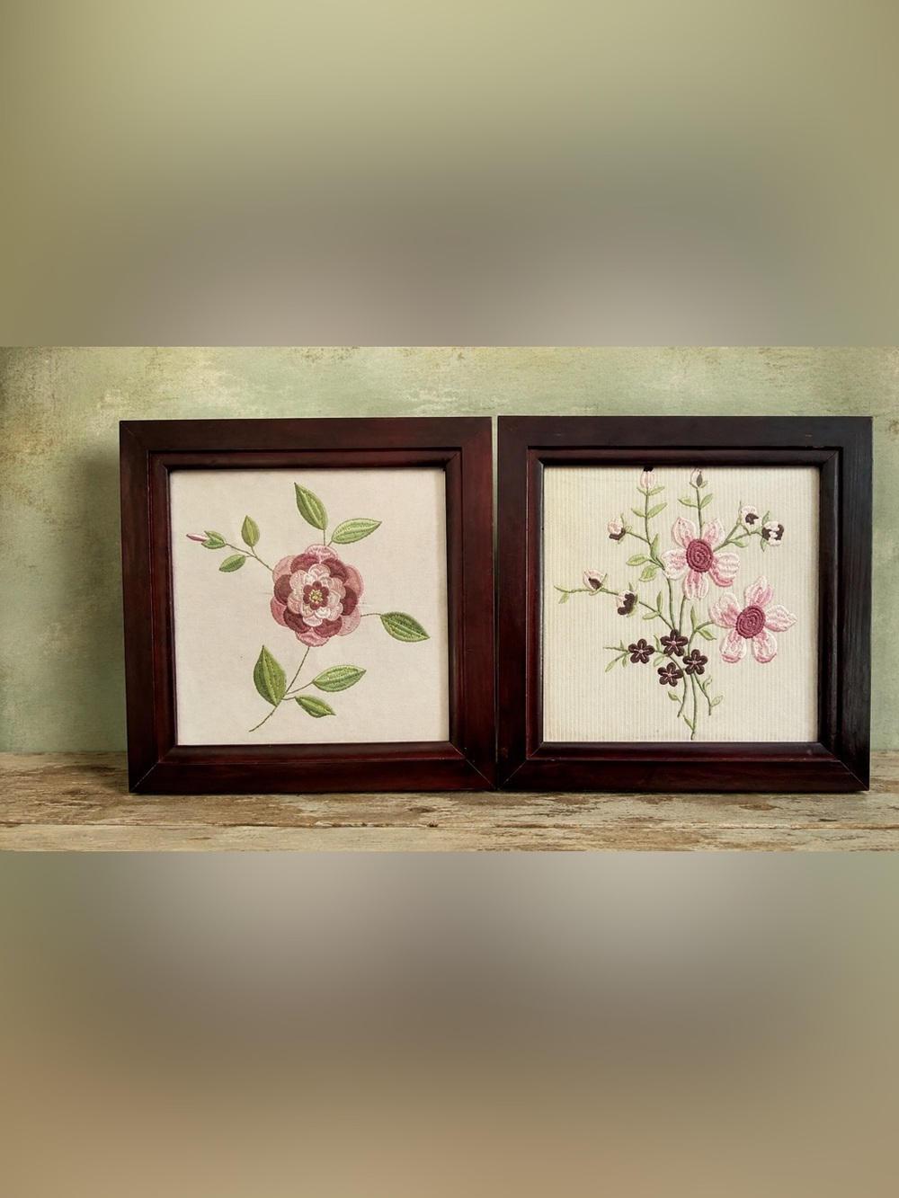 Pair of Framed Floral Embroidery Wall Art